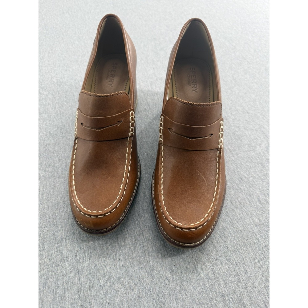 Sperry Seaport Penny Loafer Tan Leather Block Heels STS86537 Womens 8.5
